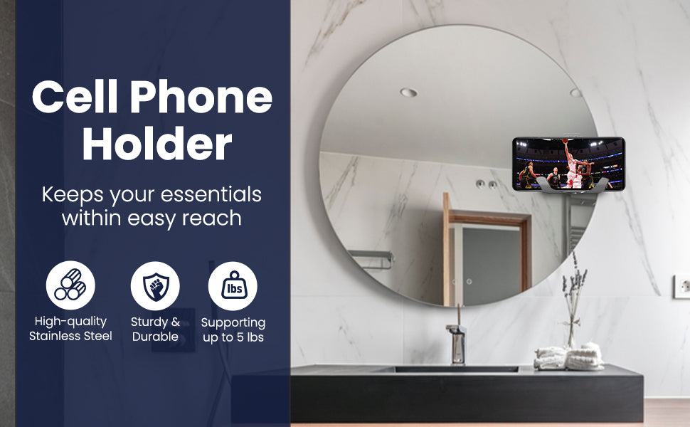 Wall Mount Bathroom Kitchen Cell Phone Holder, Mirror Cellphone Stand Adhesive Remote Control | Eye Glasses | Smartphone | Keys | Compatible with iPhone iPad Apple TV ,Google Chromecast - 2 Pack