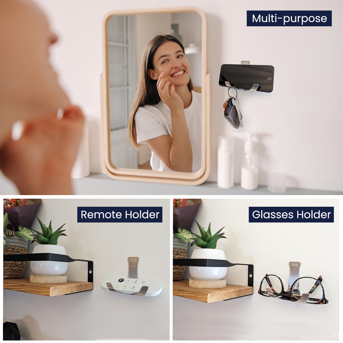 Wall Mount Bathroom Kitchen Cell Phone Holder, Mirror Cellphone Stand Adhesive Remote Control | Eye Glasses | Smartphone | Keys | Compatible with iPhone iPad Apple TV ,Google Chromecast - 2 Pack