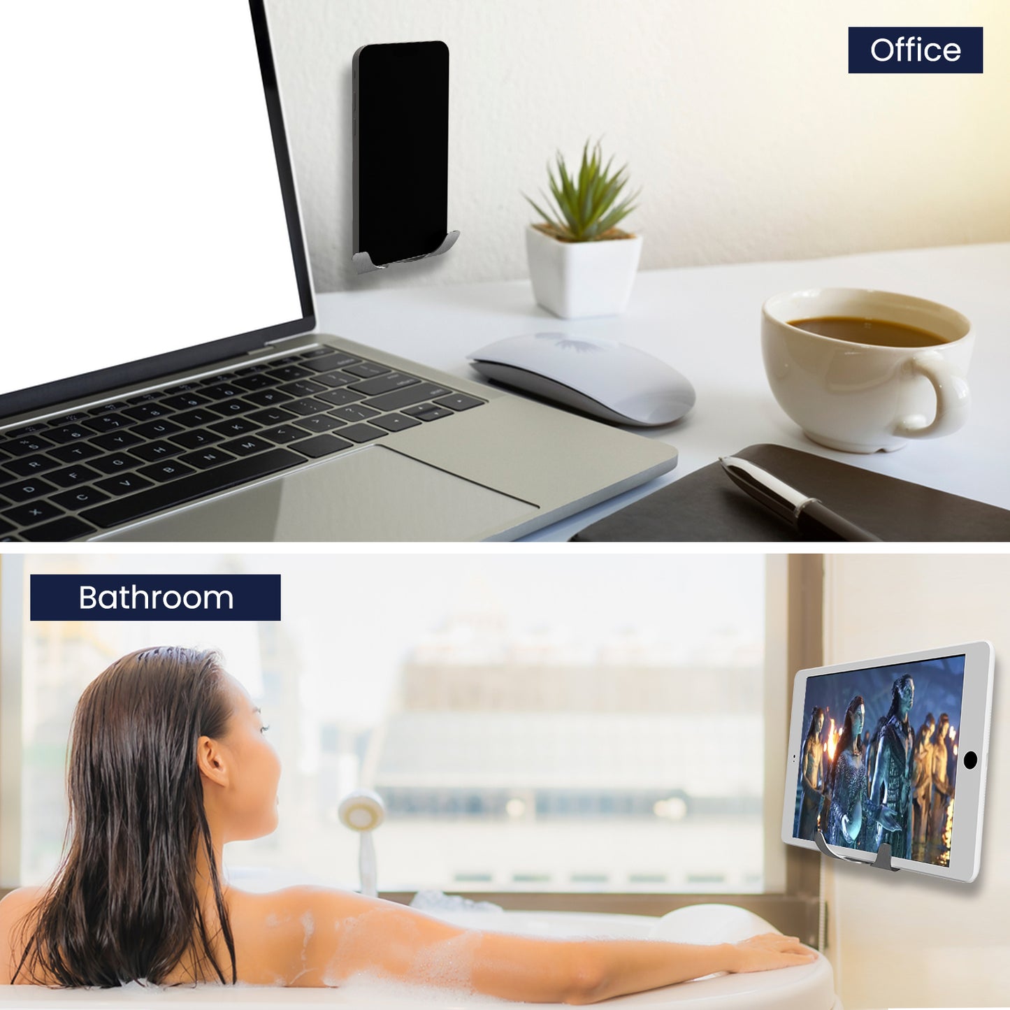 Wall Mount Bathroom Kitchen Cell Phone Holder, Mirror Cellphone Stand Adhesive Remote Control | Eye Glasses | Smartphone | Keys | Compatible with iPhone iPad Apple TV ,Google Chromecast - 2 Pack