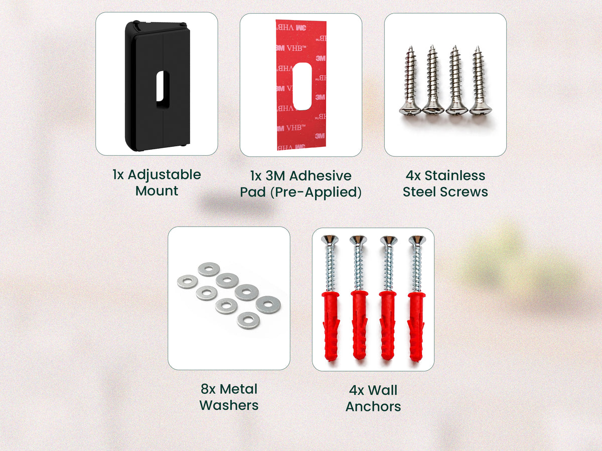 Package contents: adjustable mount, adhesive pad, stainless steel screws, washers and wall fixings