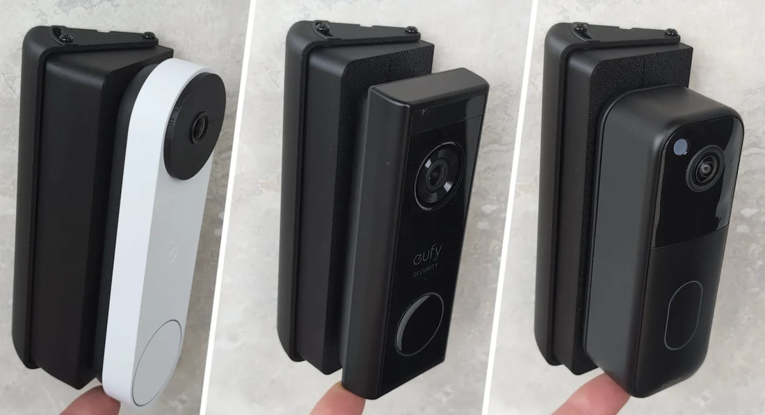 The same black adjustable wedge mount shown with a Google Nest, a Eufy and a Blink video doorbell