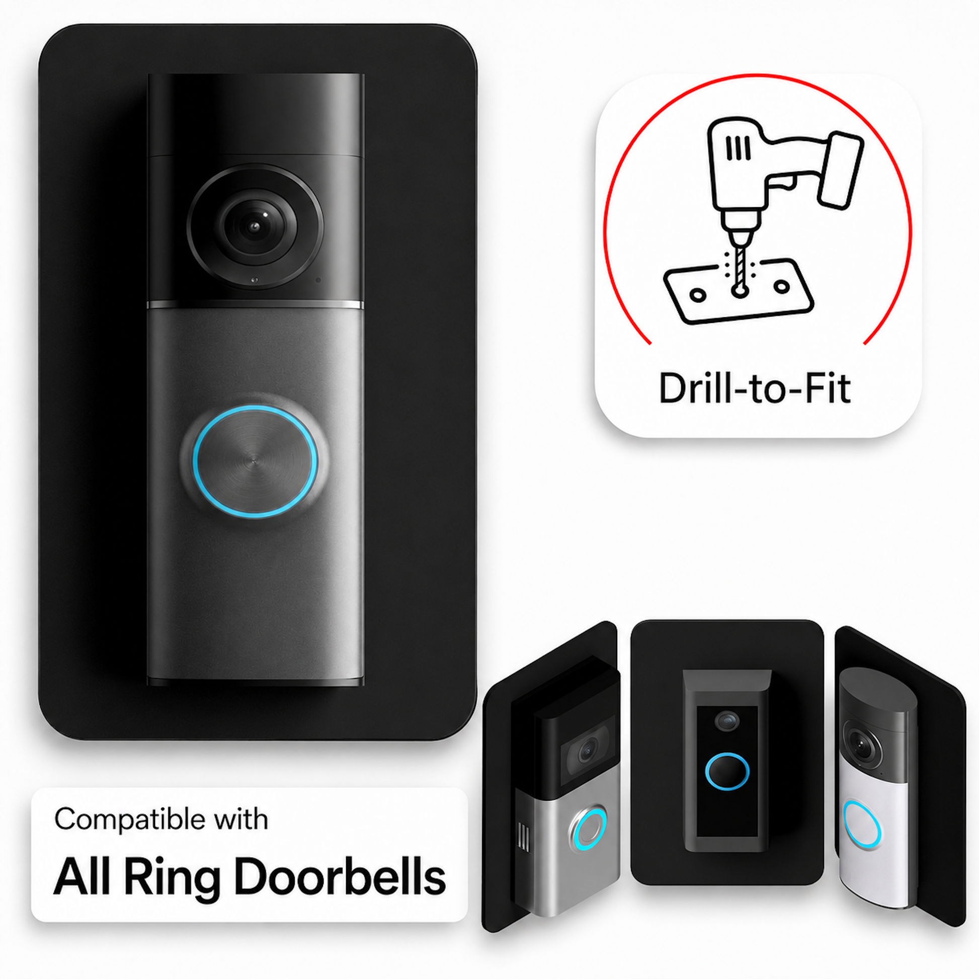 Black acrylic wall plate behind a Ring video doorbell, compatible with all Ring doorbells