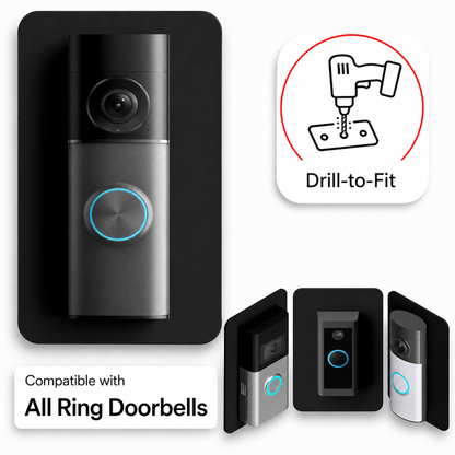 Black acrylic wall plate behind a Ring video doorbell, compatible with all Ring doorbells