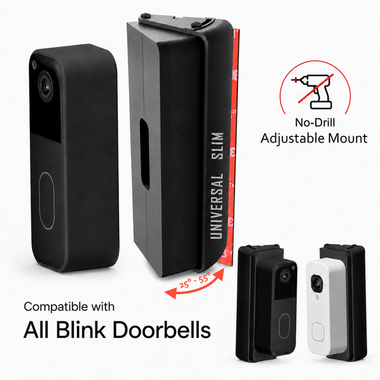Slim adjustable wedge mount shown beside Blink video doorbells, compatible with all Blink models