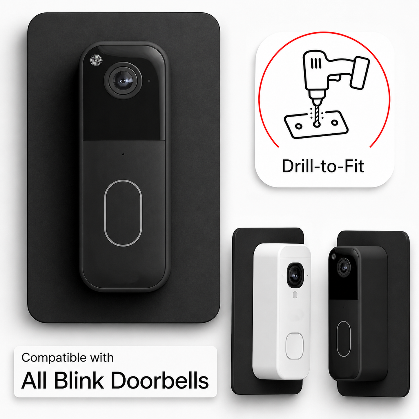 Black acrylic wall plate behind a Blink video doorbell, compatible with all Blink doorbells
