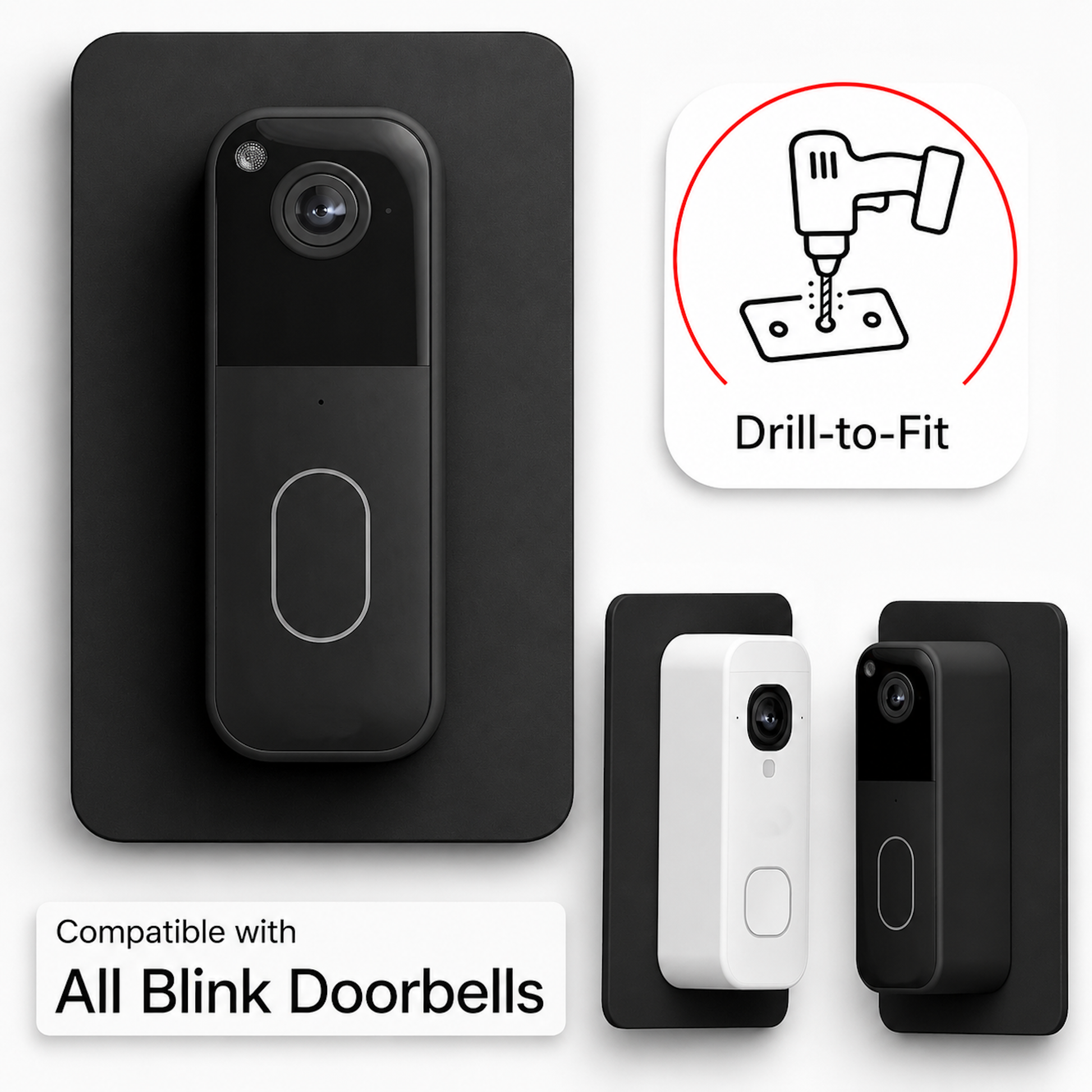 Black acrylic wall plate behind a Blink video doorbell, compatible with all Blink doorbells