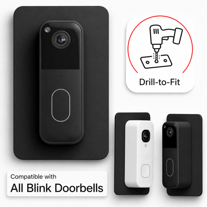 Black acrylic wall plate behind a Blink video doorbell, compatible with all Blink doorbells