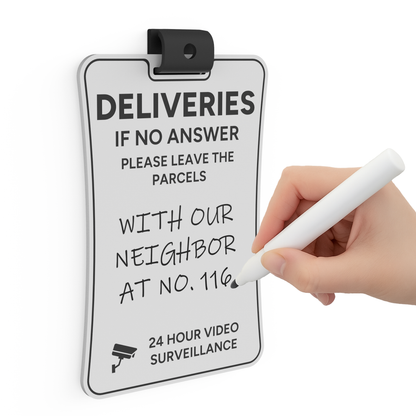 Custom delivery sign reading "Deliveries – if no answer please leave the parcels" with a hand writing the drop-off spot on the reversible acrylic surface
