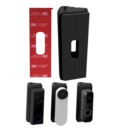 Slim adjustable wedge mount with its VHB adhesive pad, shown beside Eufy, Nest and Blink doorbells
