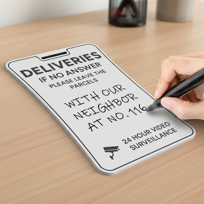 Reversible parcel delivery sign on a wooden table while a hand writes a custom drop-off note on its wipe-clean surface