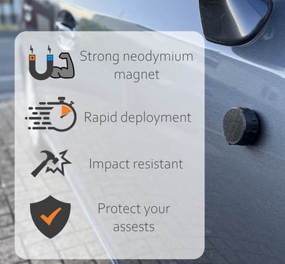Black AirTag holder magnet-mounted to a car door sill: strong magnet, rapid deployment, impact resistant