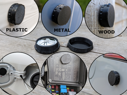 Basic AirTag holder fitted to plastic, metal and wood, and hidden in a meter box, fuse box and drainpipe
