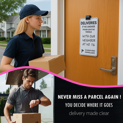 Delivery courier reading the parcel sign on a front door, with the tagline "Never miss a parcel again – you decide where it goes"