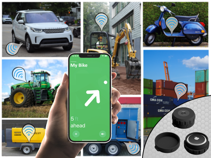 AirTag holder tracking a car, van, scooter, tractor, digger and shipping container, with a phone showing the location