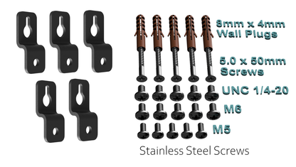 Five brackets with wall plugs, wall screws and UNC 1/4-20, M6 and M5 stainless steel screws