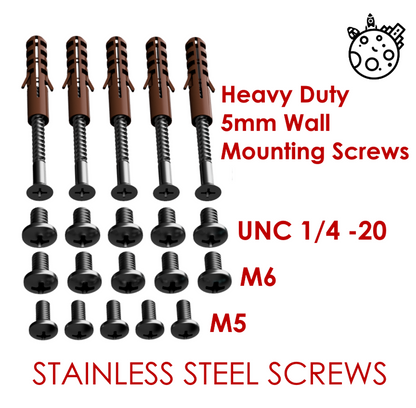 Included hardware: 5 heavy duty wall screws and plugs plus UNC 1/4-20, M6 and M5 stainless steel screws
