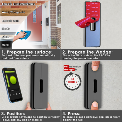 Four fitting steps: prepare the surface, peel the pads, position with a level app and press firmly