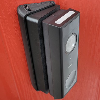 Wedge mount on a red door with a doorbell fitted, seen from the side