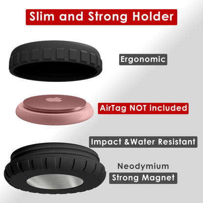 Exploded view of the Slim holder: lid, AirTag recess (AirTag not included) and neodymium magnet