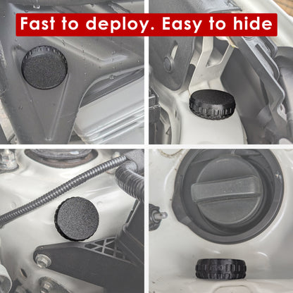 Four close-ups of the Slim AirTag holder tucked into hidden spots around a vehicle