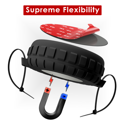 Supreme AirTag holder with all three fixings: adhesive pad, magnet and cable ties