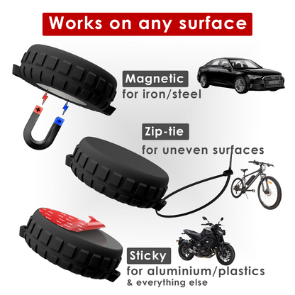 Supreme AirTag holder fixing options: magnet for steel, zip-tie for uneven surfaces, adhesive for aluminium and plastic