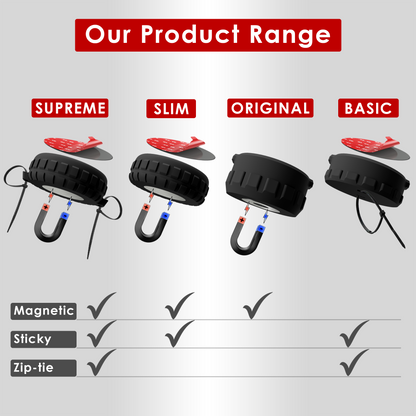 Mars Outpost AirTag holder range compared: Supreme, Slim, Original and Basic, with magnetic, sticky and zip-tie fixings