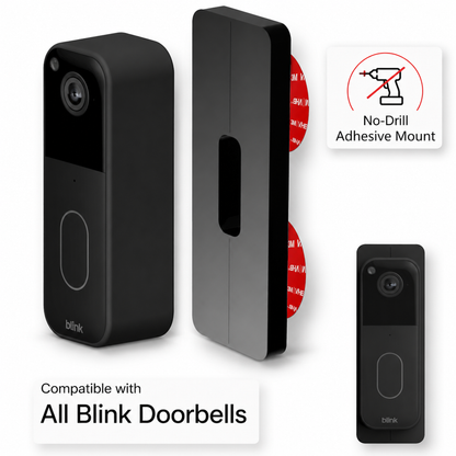 No-drill adhesive plates shown beside Blink video doorbells, compatible with all Blink models