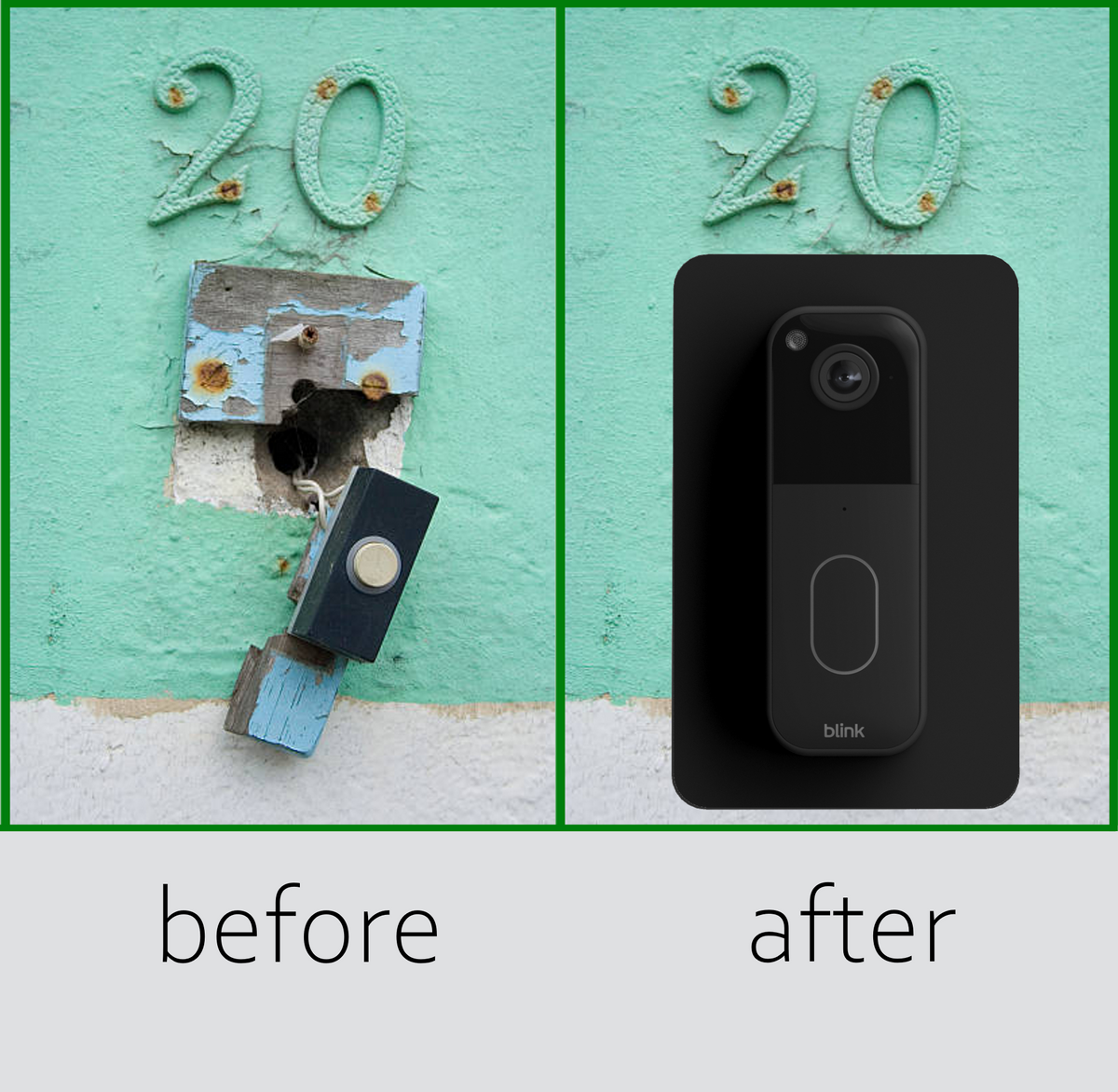 Before and after: damaged wall around old doorbell wiring, covered by the plate