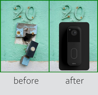 Before and after: damaged wall around old doorbell wiring, covered by the plate