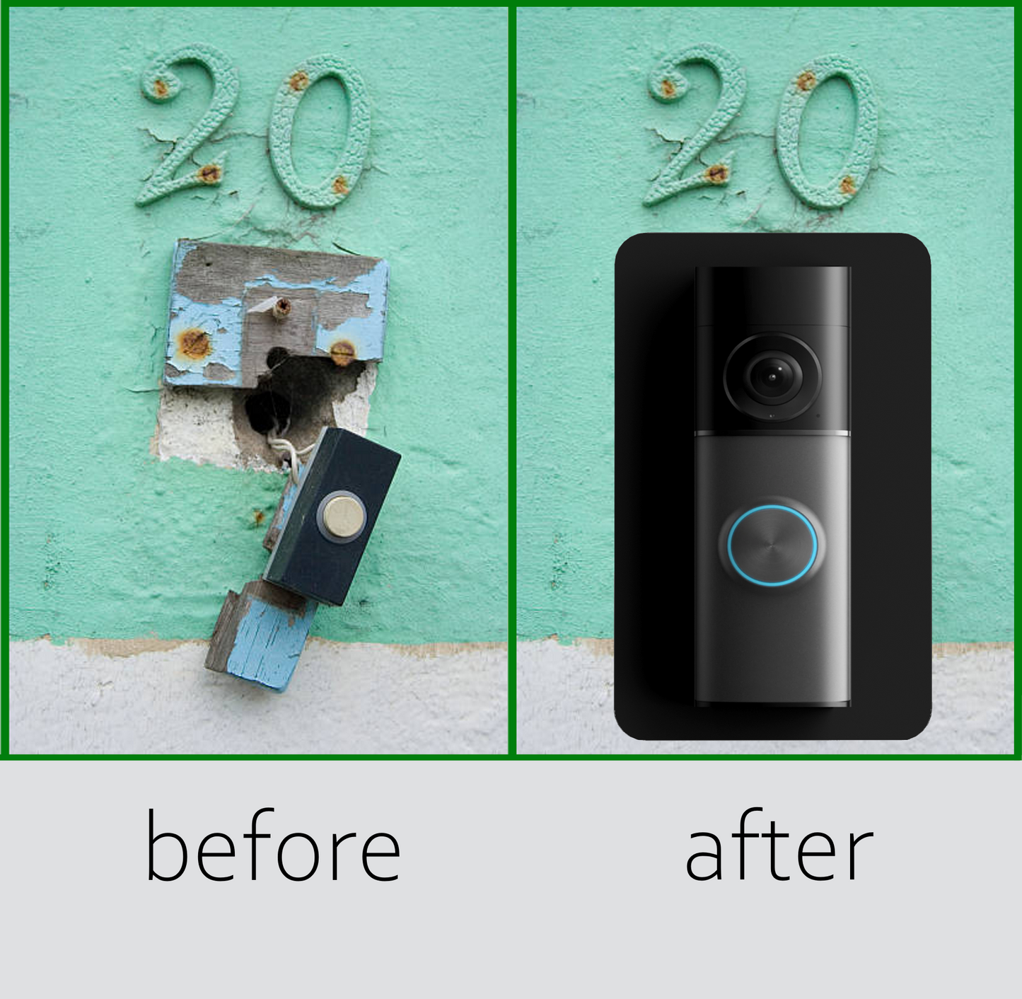 Before and after: damaged wall around old doorbell wiring, covered by the plate