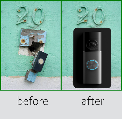 Before and after: damaged wall around old doorbell wiring, covered by the plate