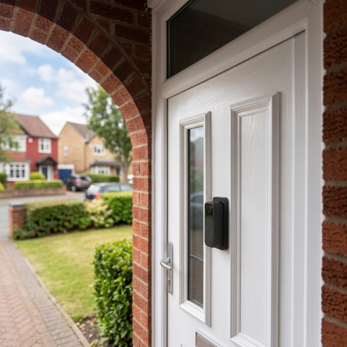 Blink doorbell fitted beside a white front door under a brick arch