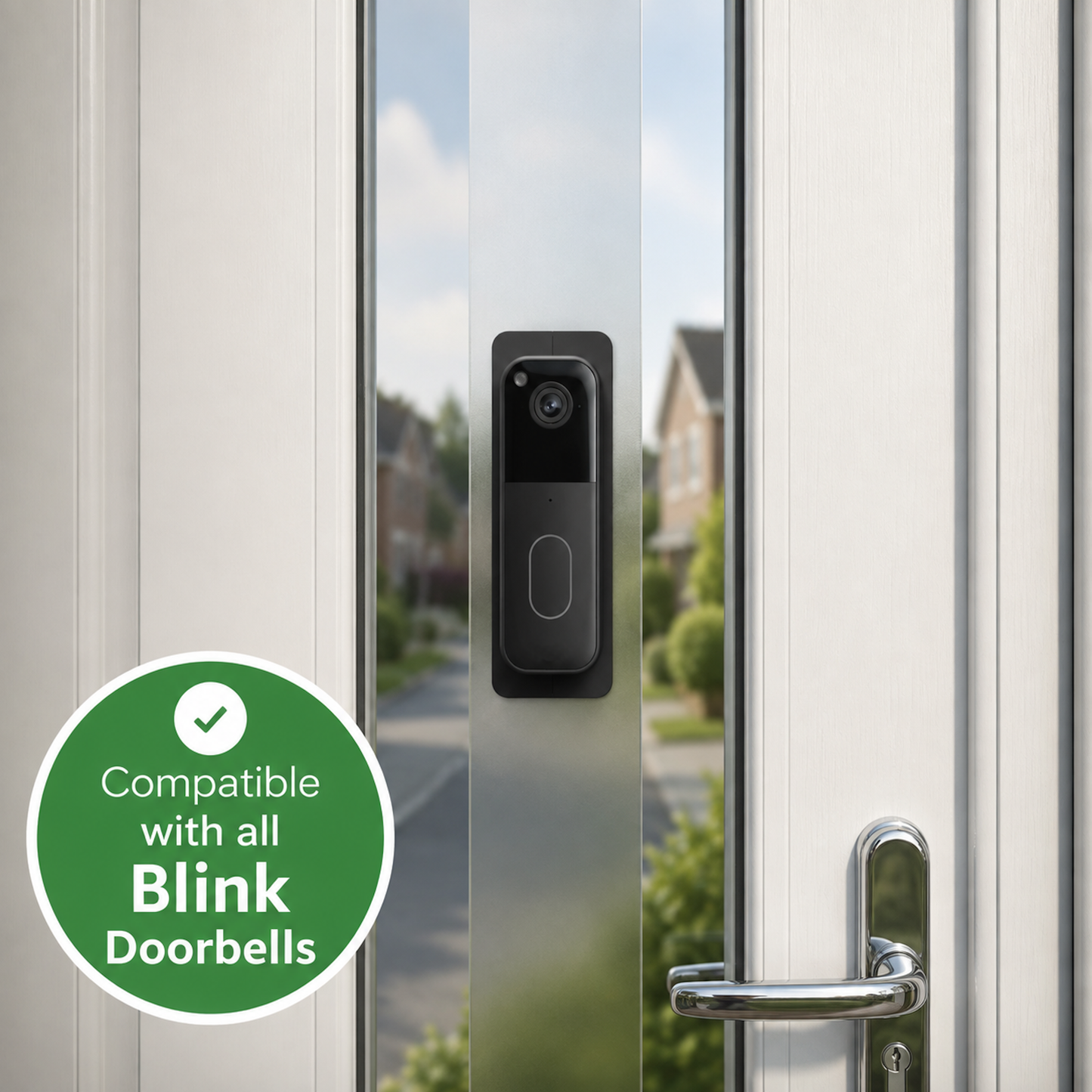 Blink doorbell fitted beside a white uPVC front door
