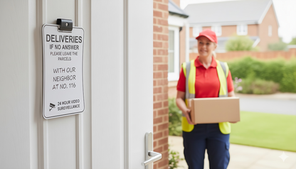 Delivery driver holding a parcel at a front door fitted with the "Deliveries if no answer" sign