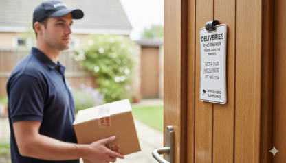 Courier delivering a parcel to a wooden front door displaying the hanging "Please Leave Parcels Here" delivery sign