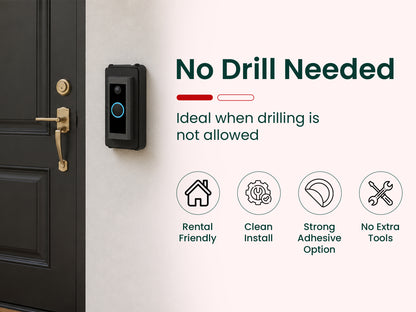 Ring doorbell on a wedge mount fitted to a dark front door with no drilling