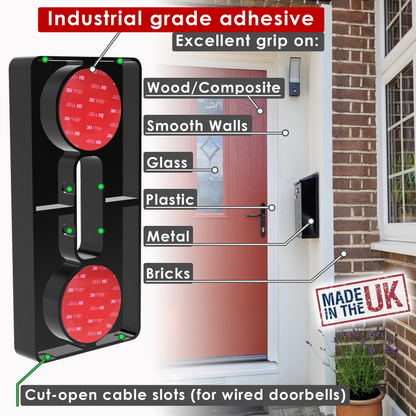 Industrial grade adhesive gripping wood, smooth walls, glass, plastic, metal and brick, with cut-open cable slots