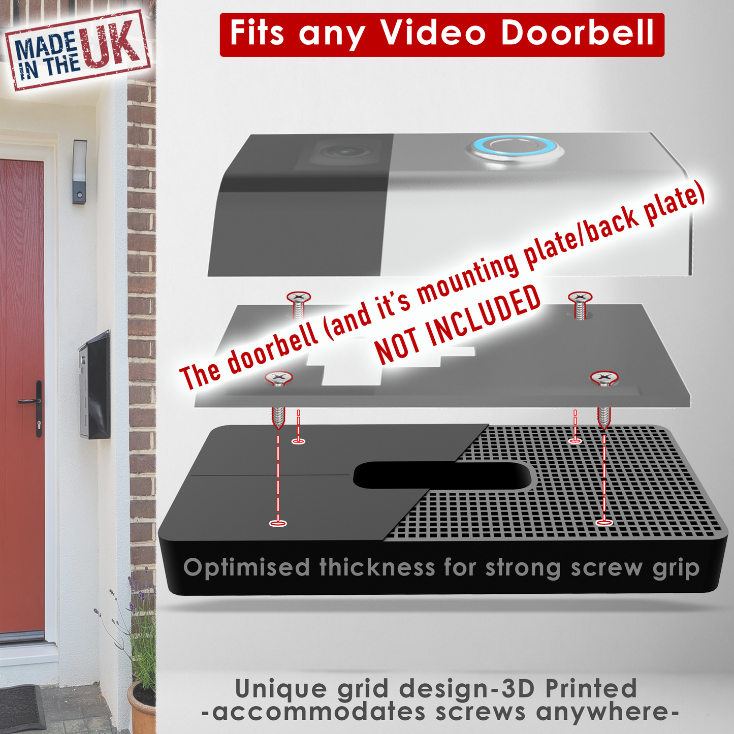 No-Drill Adhesive Mount for All Ring Doorbells – Sticks On, No Wall Holes or Damage
