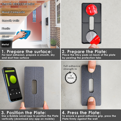 Four fitting steps: prepare the surface, peel the pads, position with a level app and press firmly