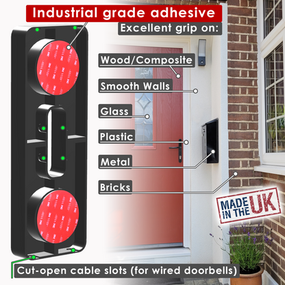 Industrial grade adhesive gripping wood, smooth walls, glass, plastic, metal and brick, with cut-open cable slots