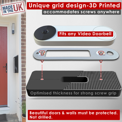 Grid design on the plate lets the doorbell screws go anywhere, so it fits any video doorbell