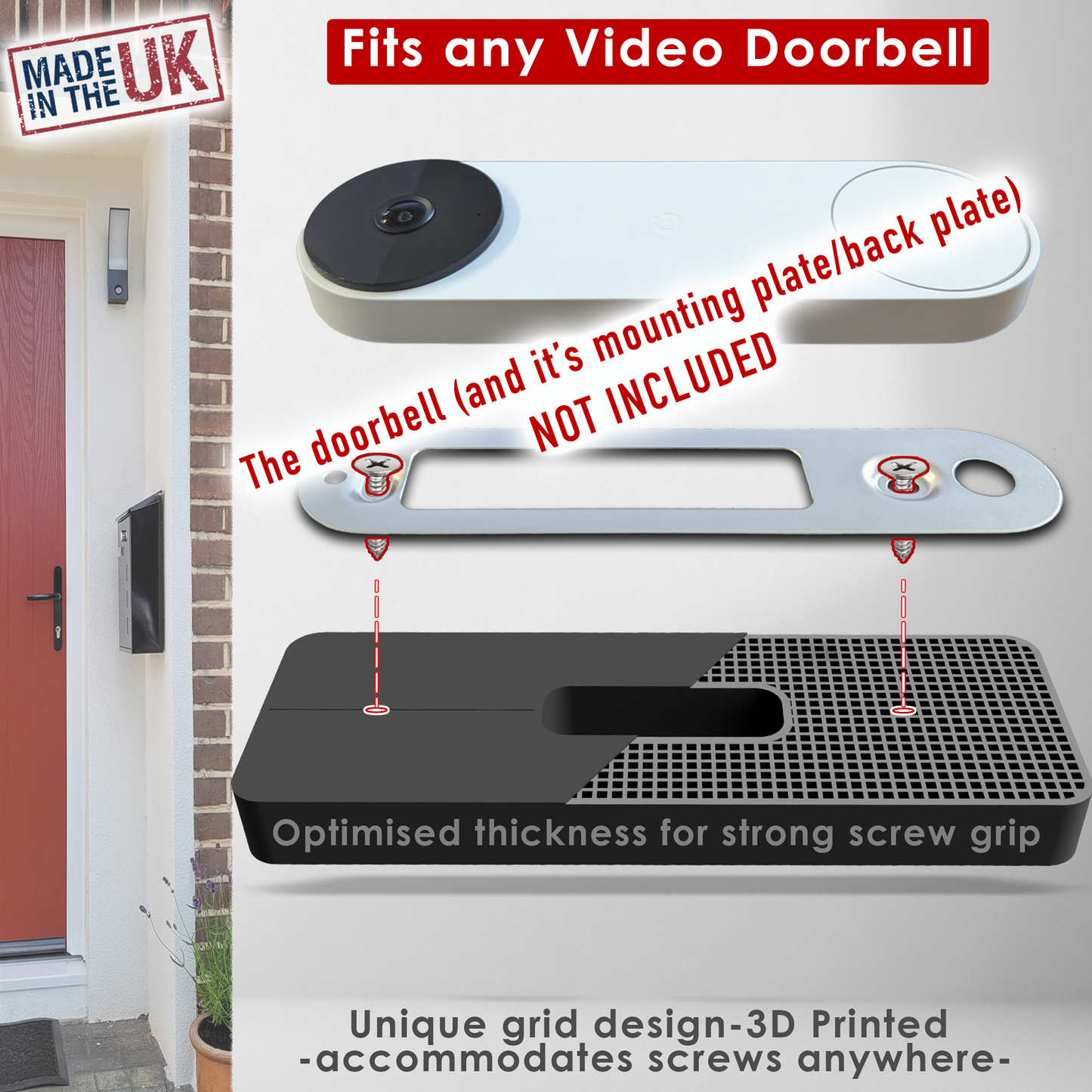 No-Drill Adhesive Mount for All Google Nest Doorbells – Sticks On, No Wall Holes or Damage
