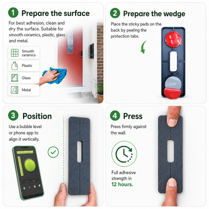 Four fitting steps: prepare the surface, peel the pads, position with a level app and press firmly