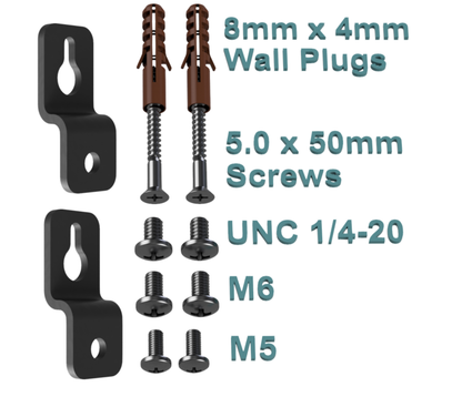 Included hardware: wall plugs, 5 x 50 mm wall screws and UNC 1/4-20, M6 and M5 stainless steel screws