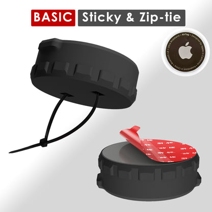 Basic sticky and zip-tie AirTag holder shown with its cable tie and 3M adhesive pad