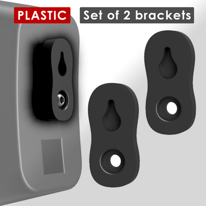 Set of two plastic speaker wall brackets shown with a speaker