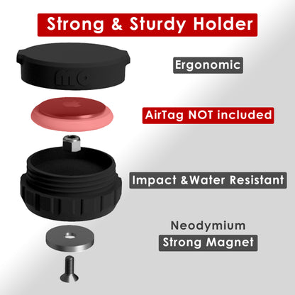 Exploded view of the Original holder: lid, AirTag recess (AirTag not included) and encapsulated neodymium magnet