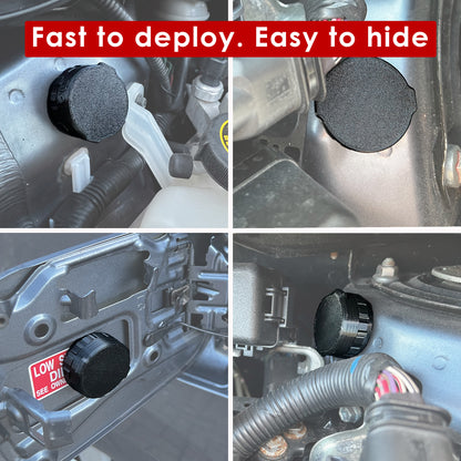 Four close-ups of the magnetic AirTag holder hidden in a car boot, wheel arch and engine bay