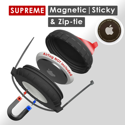 Supreme AirTag holder shown with magnet, adhesive pad and zip ties, AirTag not included